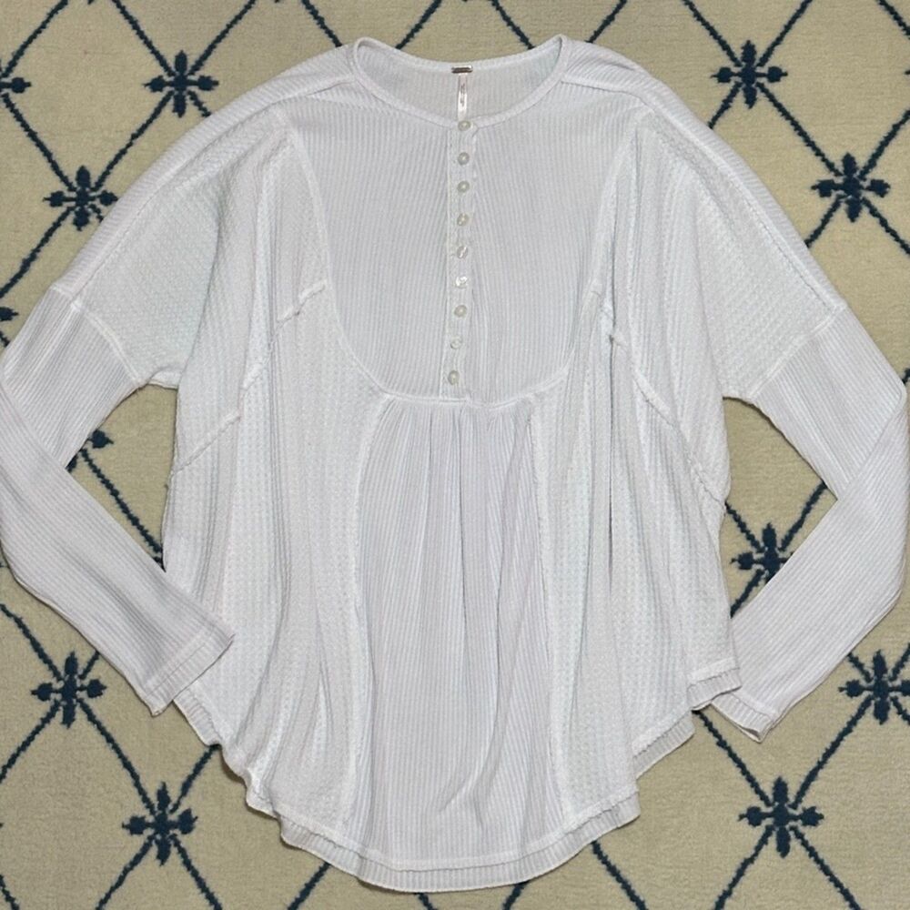 Free People Leo Henley Waffle Long Sleeve Tee - White